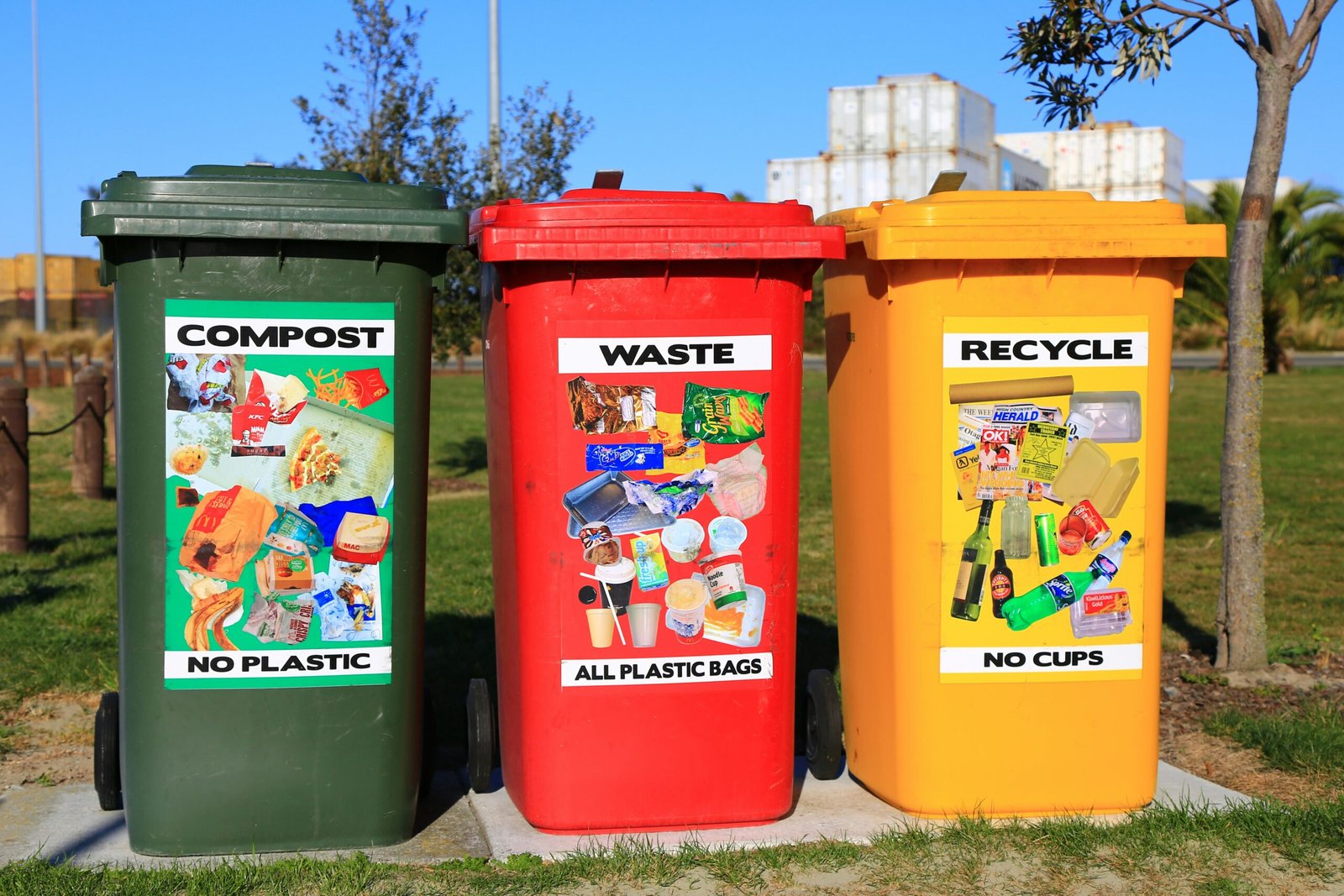 red yellow and green trash bins